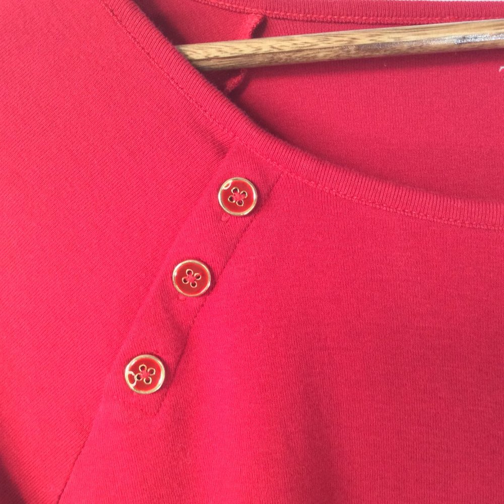 Talbot's Red Blouse with 3/4 Sleeves and Button Accent on Shoulders - Picture 3 of 6